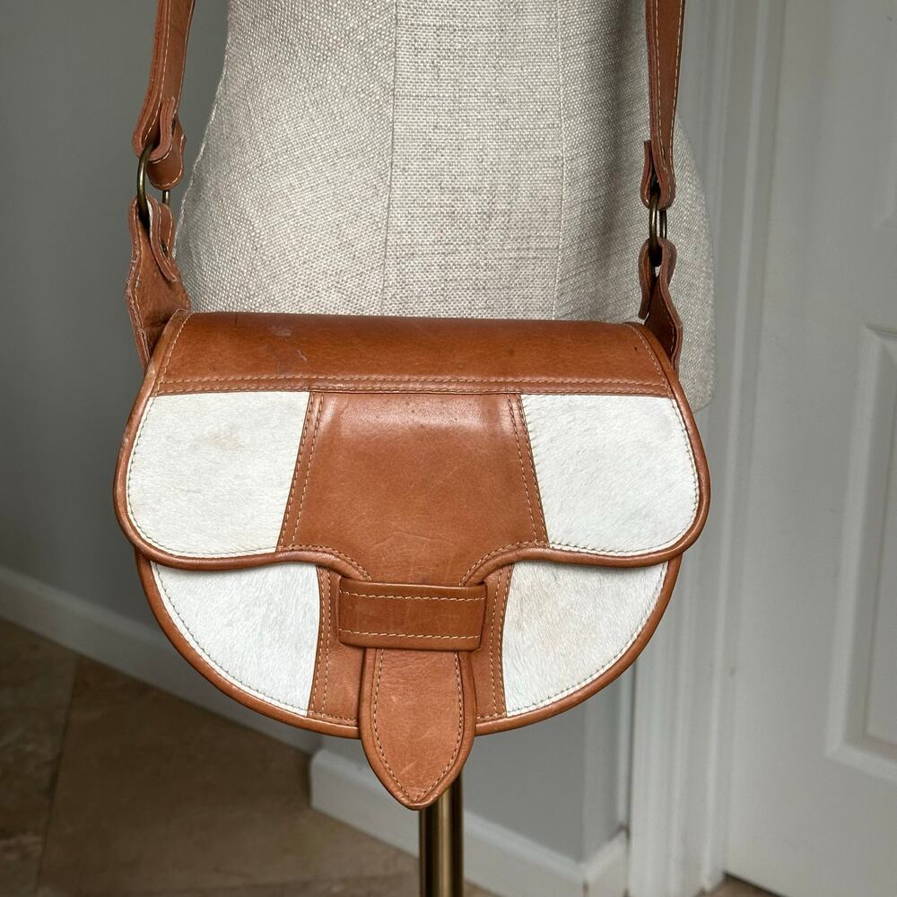 Brown Leather & White Cowhide Handcrafted Crossbody Shoulder Bag - Boho Style